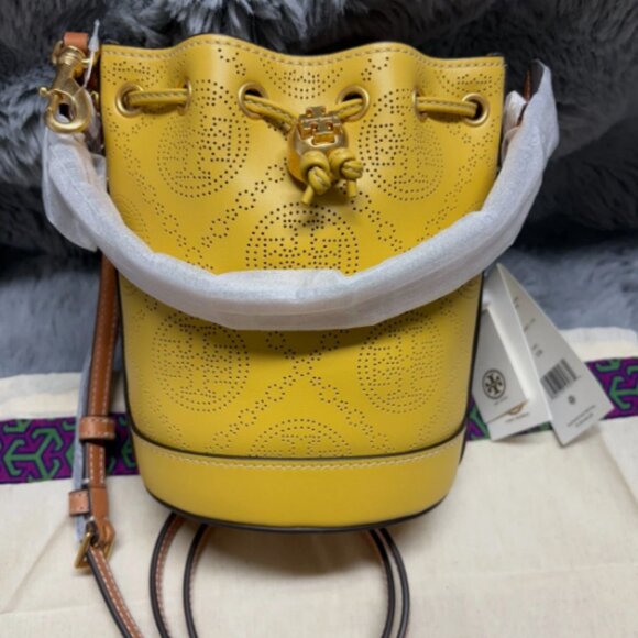 Tory Burch T Monogram Perforated Leather bucket MSRP$488 Statement Piece - Picture 11 of 15